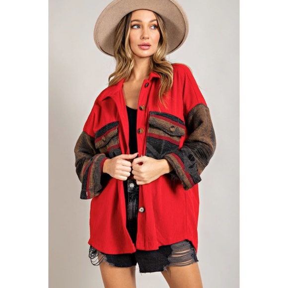 Red Corduroy Aztec Tribal Western Printed Shacket Shirt Jacket - Picture 4 of 7